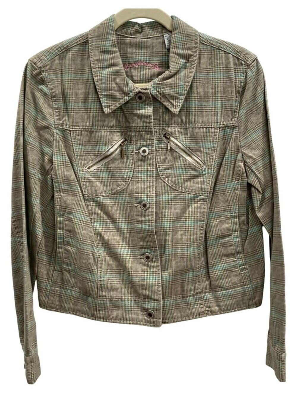 Vintage 90s Caribbean Joe Plaid Jacket PL Tan Indie Y2K Casual Festival Layers